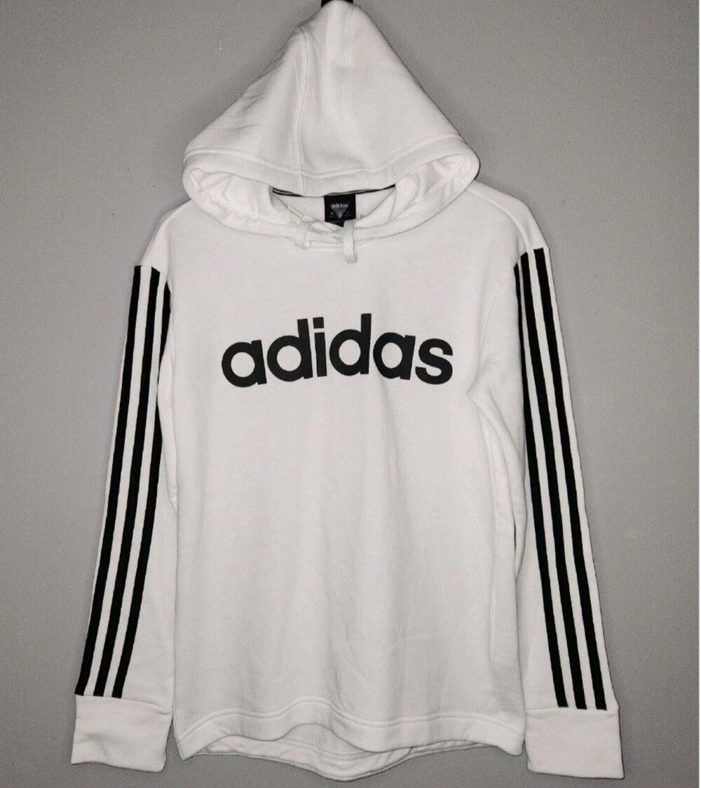 Adidas Men's Small Essential Spellout 3-Stripe Logo White Pullover Hoodie